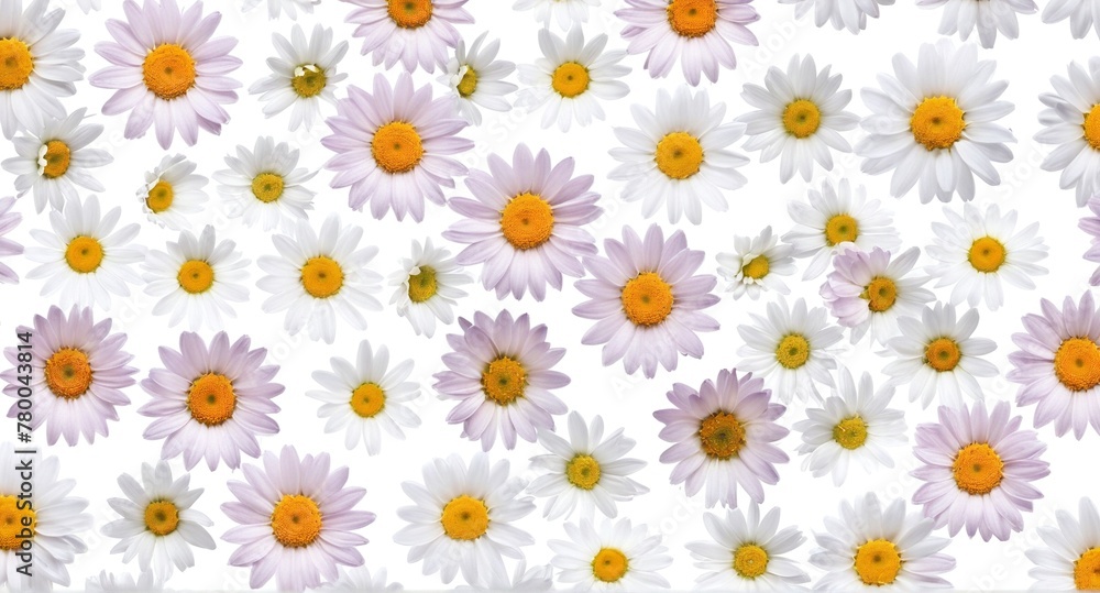 Chamomile flowers collection on white. Set of colorful Chamomile or Daisy flowers background, top view. Floral pattern. Chamomile flowers collection on white. Set of colorful Chamomile or Daisy flowers background, top view. Floral pattern.