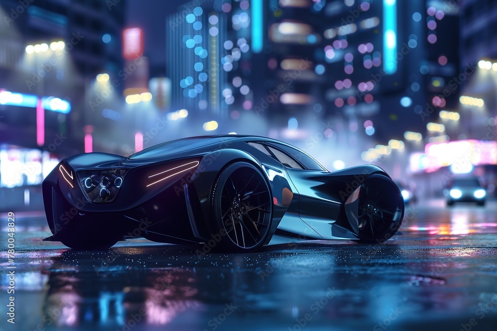 A sleek sports car glistens under city lights, its reflection mirrored on wet asphalt.