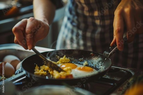 Close-up of hands cooking scrambled eggs with a sunny side up egg in a frying pan.