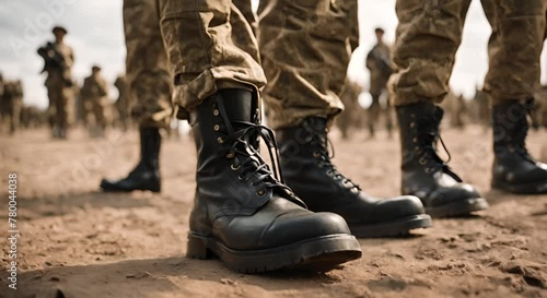 Boots of a soldier at military training. photo