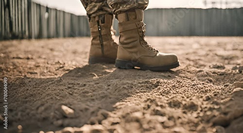 Boots of a soldier at military training. photo