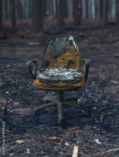 Remains Of An Office Chair After A Forest Fire