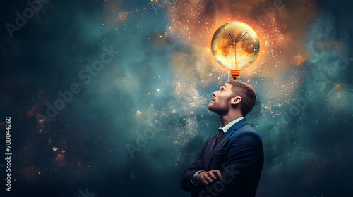 A conceptual image showing a businessman who comes up with an idea and faces the passage of time.