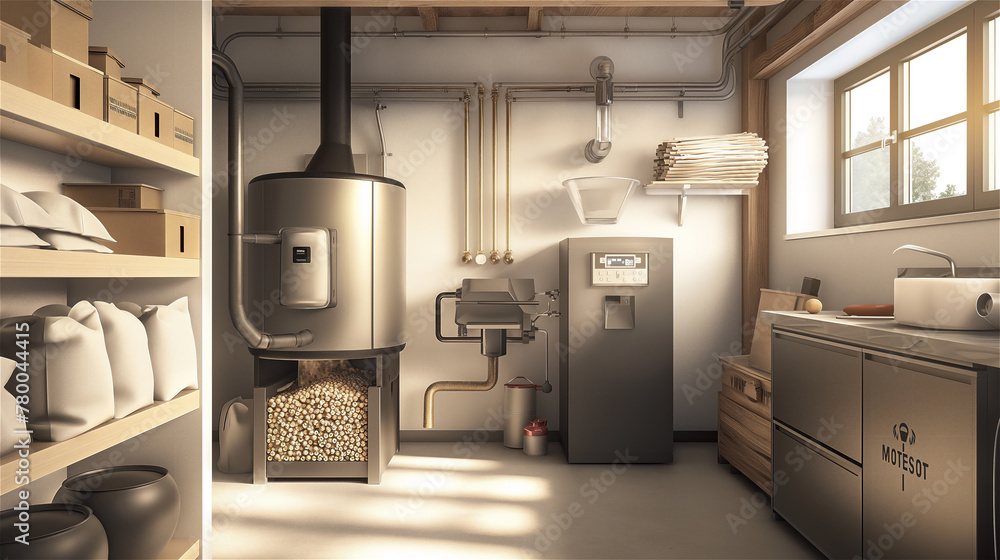 Biomass boiler in a modern boiler room. Scattered pellets.