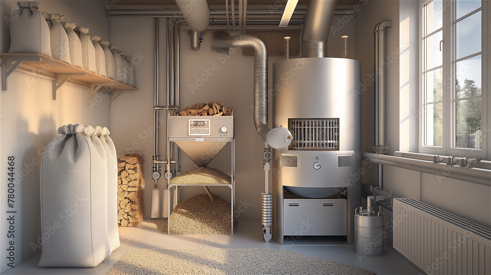 Biomass boiler in a modern boiler room. Scattered pellets.