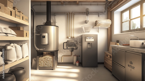 Obraz na płótnie Biomass boiler in a modern boiler room. Scattered pellets. w salonie