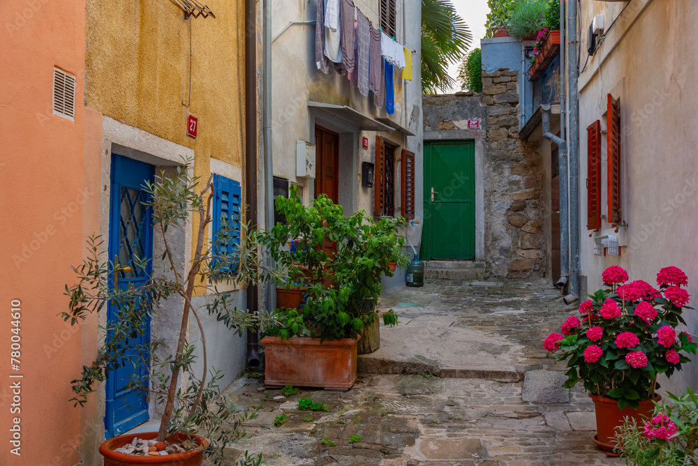 Obraz premium Colorful street in the center of Slovenian town Piran