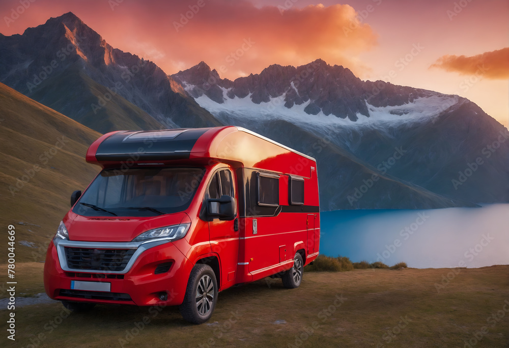Obraz premium Caravan camping in mountain nature. Lifestyle, traveling concept.