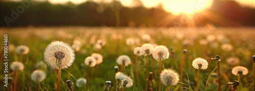 Dandelion dreams: a sun-kissed meadow. A vibrant field bursting with yellow dandelions, illuminated by the warm glow of the setting sun in the background #780044661