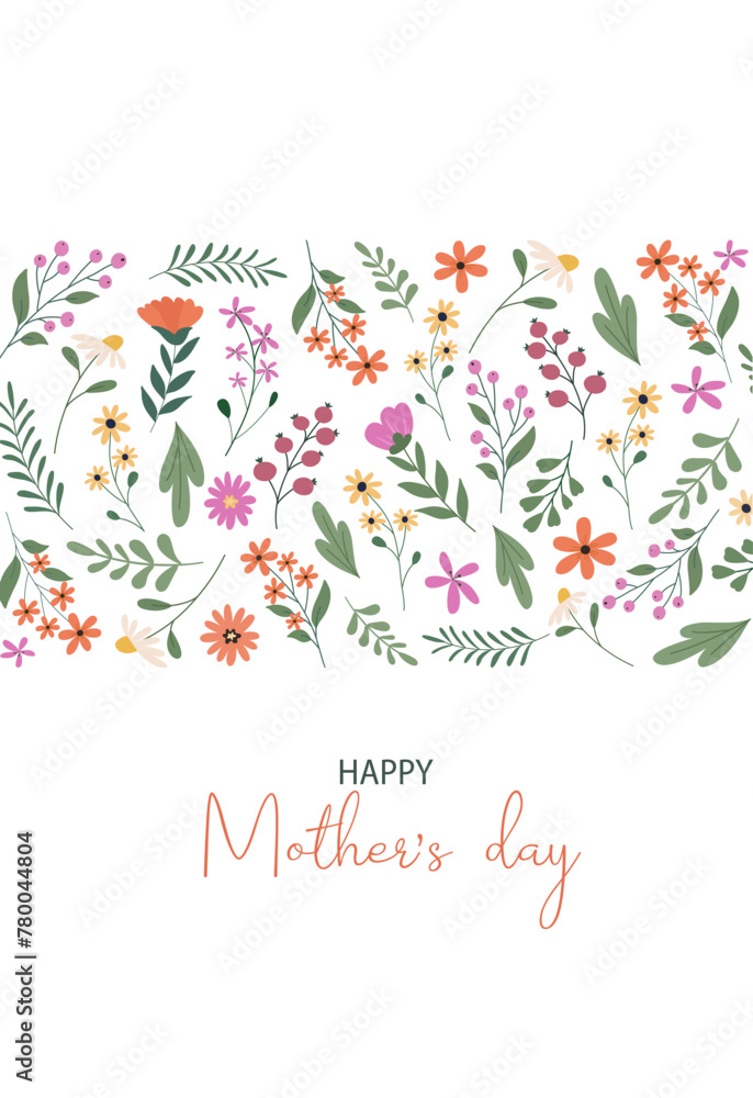 Happy Mother's Day greeting card with beautiful colorful flowers. Editable vector template for greeting card, poster, banner, invitation, social media post.	