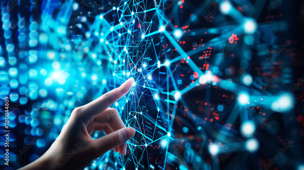 Finger touching on virtual screen with futuristic technology background, Finger touching on virtual screen with futuristic technology background,