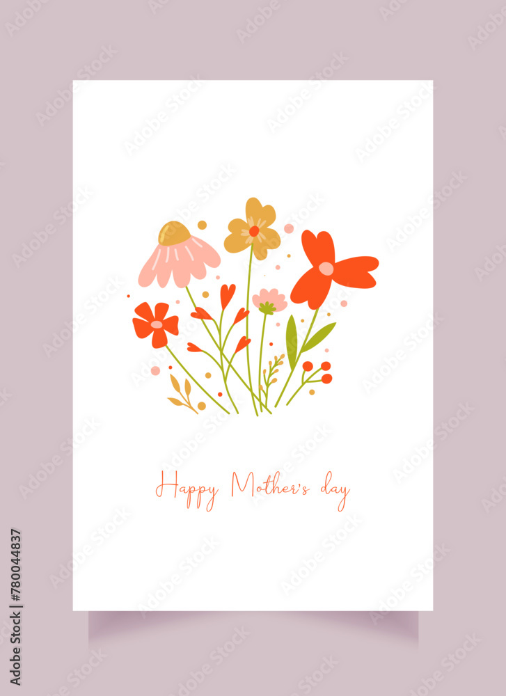 Happy Mother's Day greeting card with beautiful colorful flowers. Editable vector template for greeting card, poster, banner, invitation, social media post.	