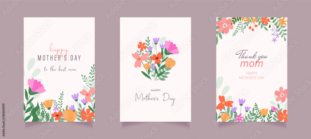 Set of Happy Mother's Day greeting cards with beautiful colorful flowers. Editable vector template for greeting card, poster, banner, invitation, social media post.	