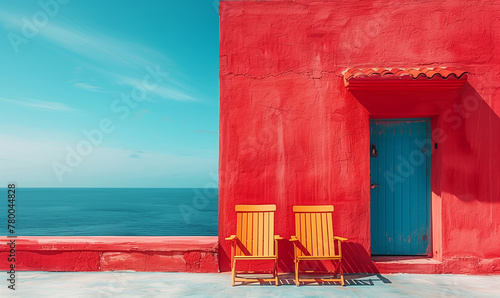 two chairs on front of the red beach house