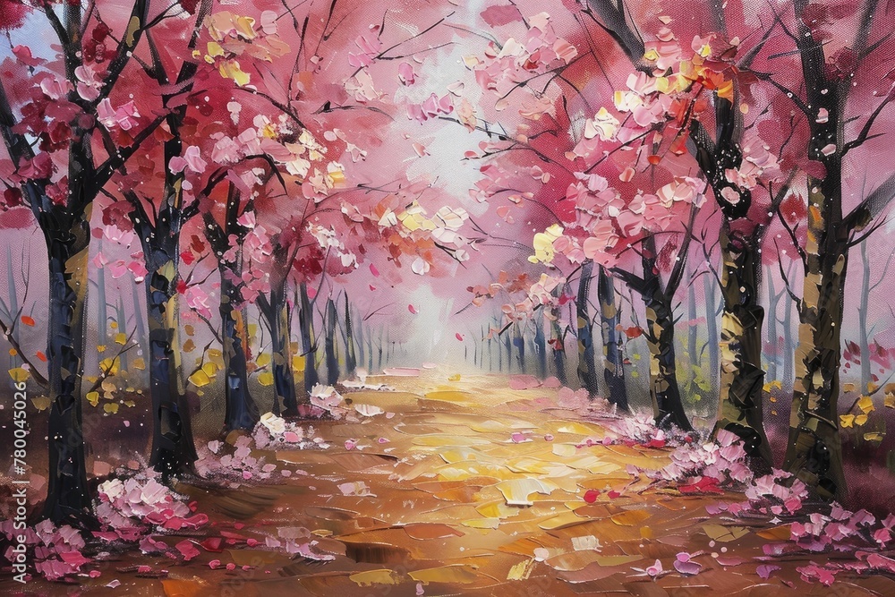 Vibrant cherry blossoms in the park during spring, captured beautifully with oil paints.