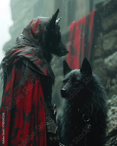A man wearing a red cape stands next to a black dog.