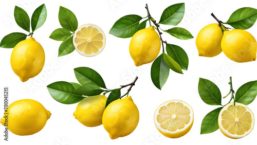 Capture the freshness of ripe lemons on branches against a transparent background. Perfect for food enthusiasts and culinary designs.