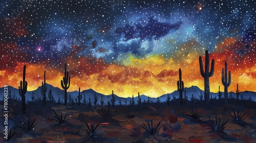 Desert landscape under starry night sky, cacti silhouettes, painted with oil paints.