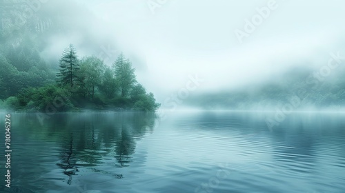 A calm lake with a few trees in the background. The water is still and the sky is cloudy © Sodapeaw