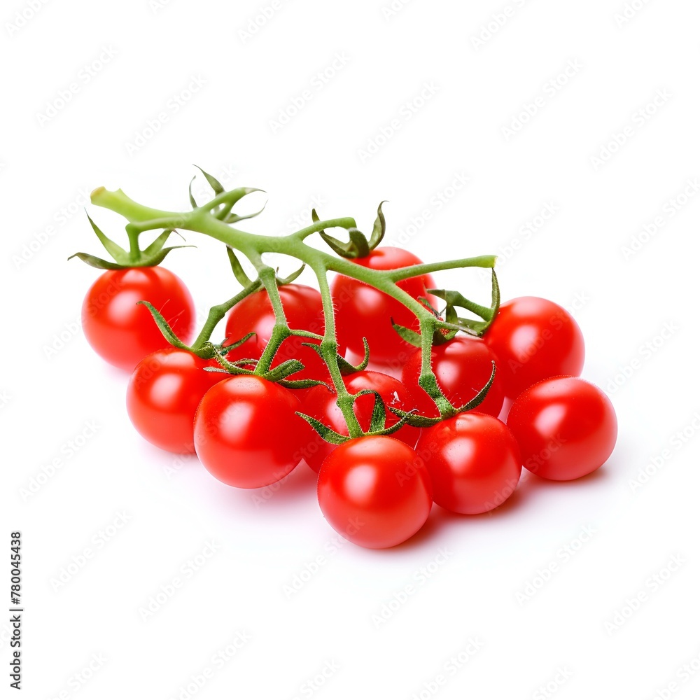 Juicy ripe red cherry tomatoes on a branch in water drops, horizontal banner Juicy ripe red cherry tomatoes on a branch in water drops, horizontal banner