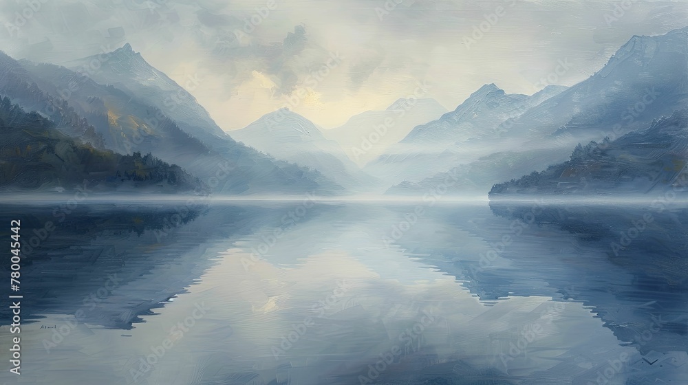 In the tranquil scene, mist veils the serene lake, mirroring far-off peaks on its tranquil surface, captured in oil paint.