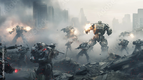 Robot war zone sci fi concept, fight between robots 