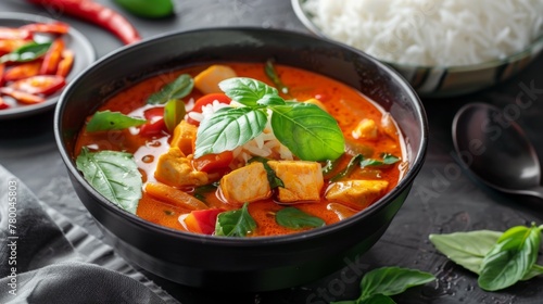 Spicy chicken curry served with rice, basil, and tomato in a black bowl