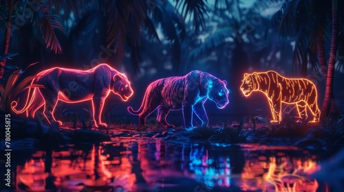 A neon lit image of three tigers walking through a jungle. The colors are bright and vibrant  creating a sense of energy and excitement. The scene is set in a natural environment