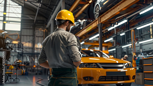 auto car engineer doing work, car engineer at the workstation with yellow helmet, hard worker at work