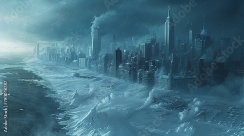 A city is shown in the distance with a large body of water in front of it. The water is rough and choppy, and the sky is dark and stormy. Scene is one of chaos and destruction