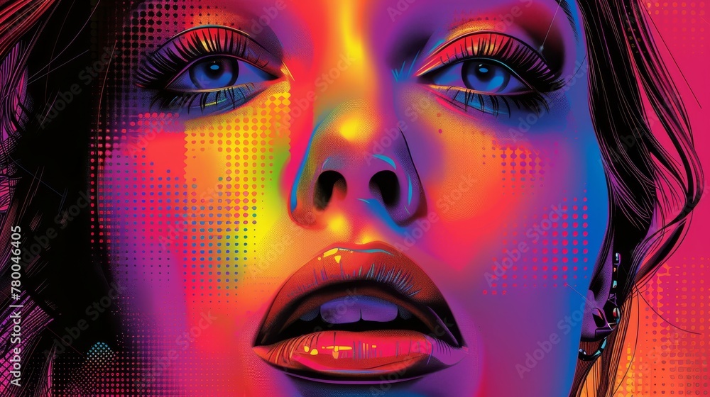A woman's face is shown in a colorful, abstract style. The colors are bright and vibrant, giving the impression of a lively and energetic mood. The woman's eyes are large and captivating