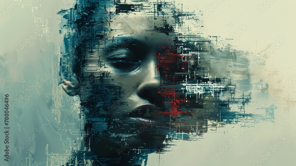 A woman's face is blurred and pixelated, giving the impression of a distorted or abstracted image. Scene is somewhat eerie or unsettling, as the woman's features are not clearly defined