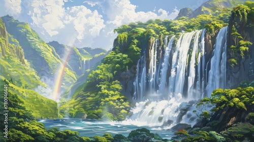 Majestic waterfall in lush green tropical forest, rainbow visible, painted with oil paints.