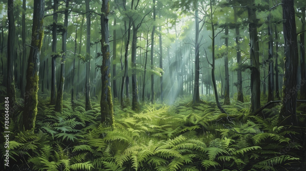 An enchanting scene unfolds as towering trees and lush ferns bask in gentle light, a masterpiece in oil paints.