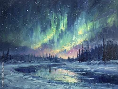 Vibrant hues of the Northern lights dance above a frozen river and icy landscape  skillfully captured with oil paints.