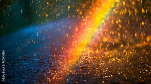 A rainbow is falling from the sky, with the colors of the rainbow visible in the rain. The scene is very colorful and bright, and it gives off a feeling of happiness and joy