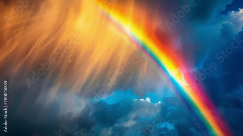 A rainbow is seen in the sky with a cloudy background. The rainbow is very bright and colorful, and it seems to be shining through the clouds. Scene is one of hope and positivity