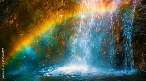 A waterfall with a rainbow in the background. The water is clear and the rainbow is bright and colorful