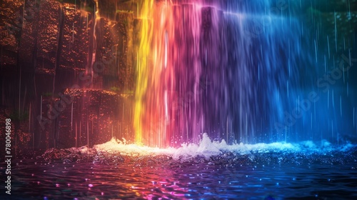 A waterfall with a rainbow in the background. The water is clear and the colors are vibrant