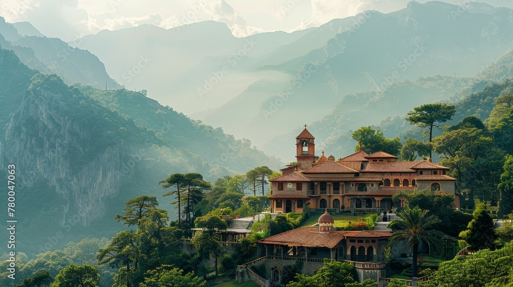 A mountain village with a large house and a church. The house is surrounded by trees and the mountains are in the background. The scene is peaceful and serene A mountain village with a large house and a church. The house is surrounded by trees and the mountains are in the background. The scene is peaceful and serene