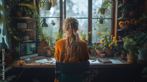 Woman working from home, productivity in a cozy environment photo