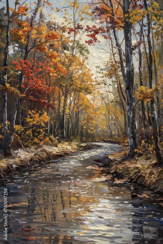 An artist captured the tranquil flow of a river through vibrant autumn trees using oil paints.