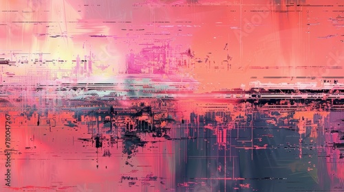 A painting of a cityscape with a pink and purple background. The painting is abstract and has a lot of texture. The mood of the painting is chaotic and disordered, with the buildings