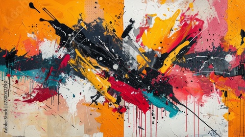 The painting is a colorful abstract piece with splatters of paint. The colors are bright and bold  creating a sense of energy and movement. The painting seems to be a representation of the chaos
