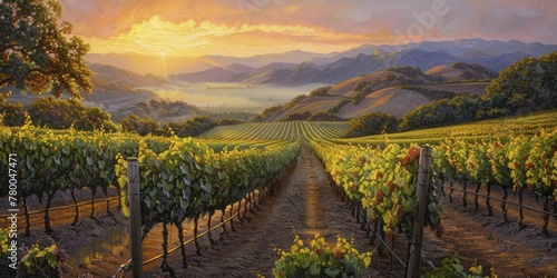 Sunrise over vineyard hills, mist rolling between rows, painted with oil paints.