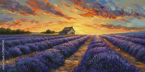 A tranquil scene emerges as the setting sun bathes the lavender field, guiding the eye towards a serene farmhouse in the distance.