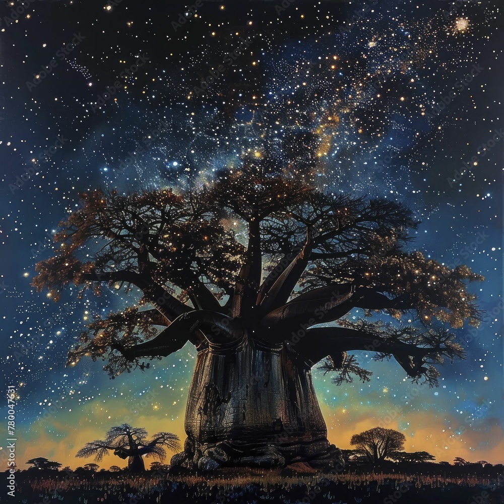 The grandeur of an ancient baobab tree silhouetted against a starry ...