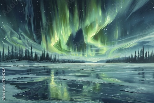 The enchanting display of the Northern Lights gliding above a tranquil icy lake  blending natural wonder with celestial hues brushed in oil.