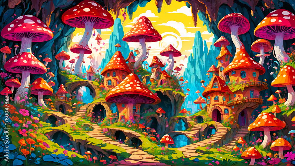 Illustration of a magical city inside the caves with shiny mushrooms and huts with lights on, some flowers, a stone path and yellow sky and white clouds in the background