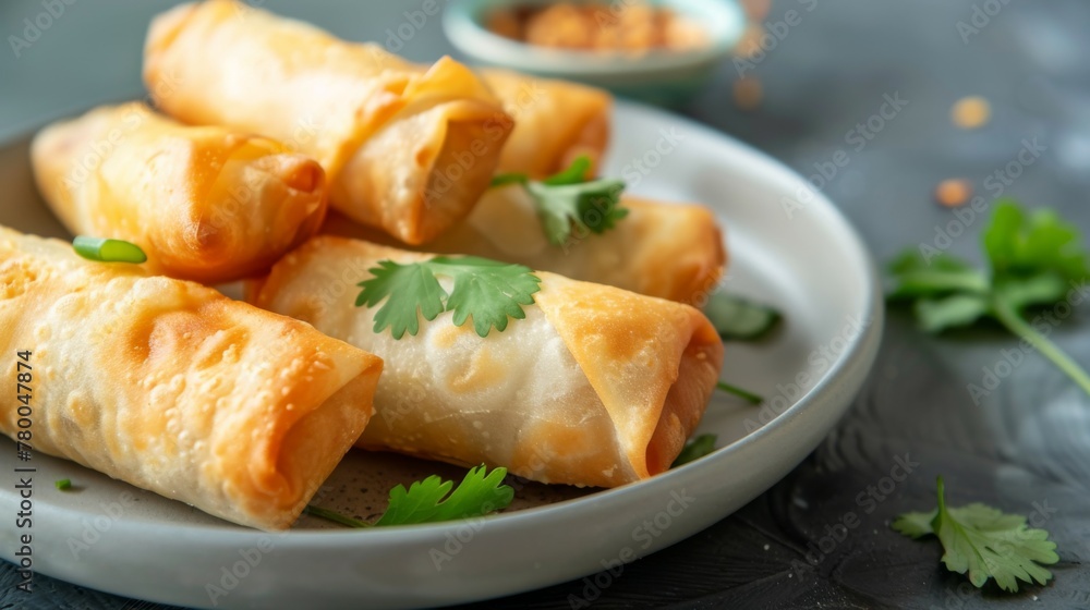 Closeup of delicious fried eggrolls on a plate with parsley garnish and Asian cuisine appeal